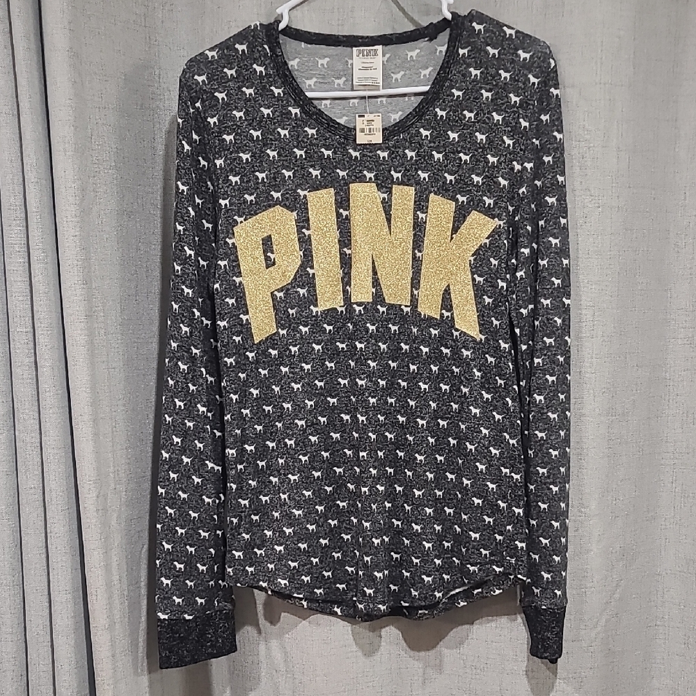 Victoria's Secret PINK Gray and Gold Long Sleeve Sleep Shirt
